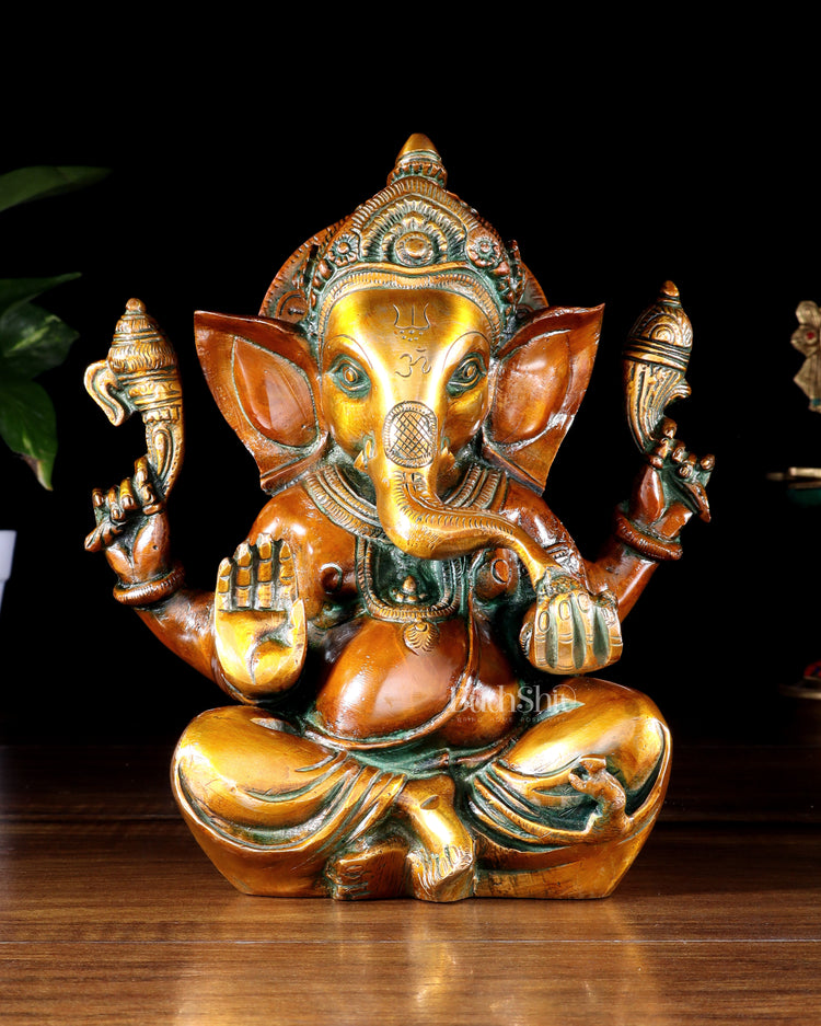 Pure Brass Lord Ganesha Idol – Vintage Finish 8"