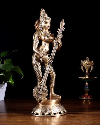 Brass Superfine Standing Goddess Saraswati Idol – 18" Height, Unique Design