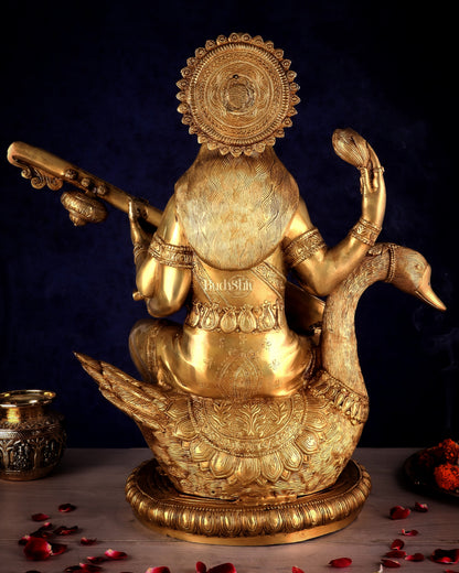 Pure Brass Large Goddess Saraswati Seated on Swan statue 24"