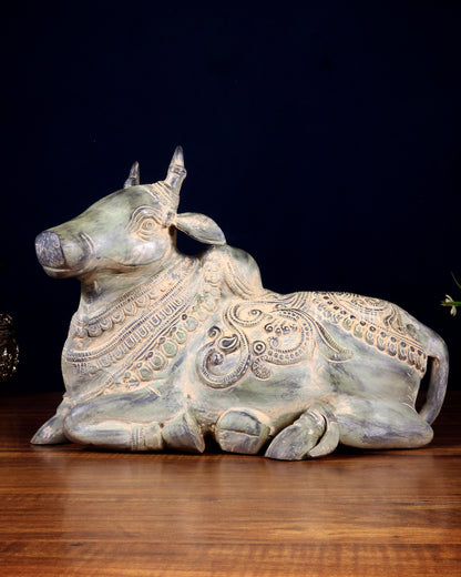 Vintage Pure Brass Nandi Statue – Sand Patina Finish | 13 inch