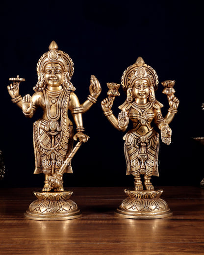 Pure Brass Vishnu Lakshmi Idols Pair – Lakshmi Narayan Murti Set |11"