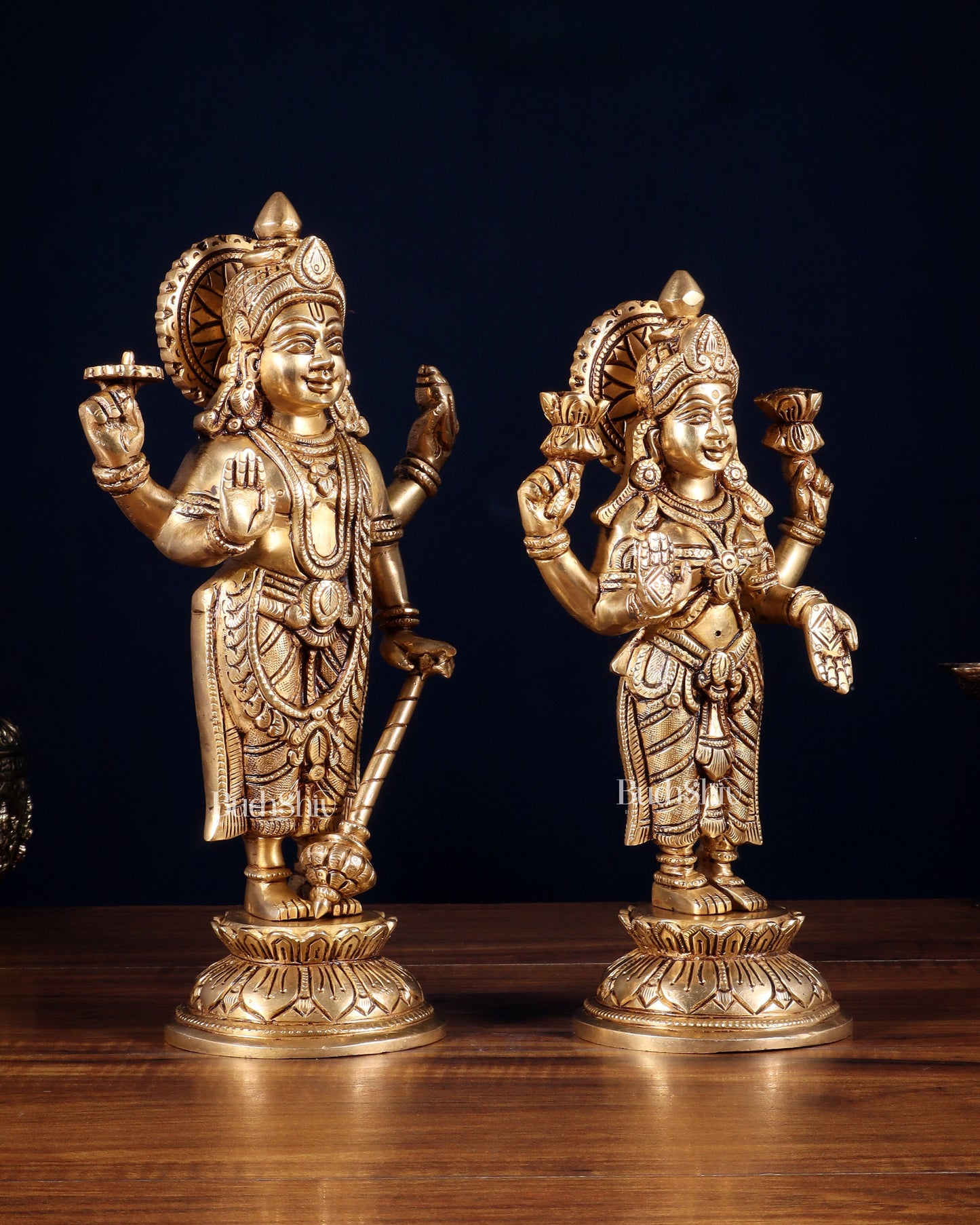 Pure Brass Vishnu Lakshmi Idols Pair – Lakshmi Narayan Murti Set |11"