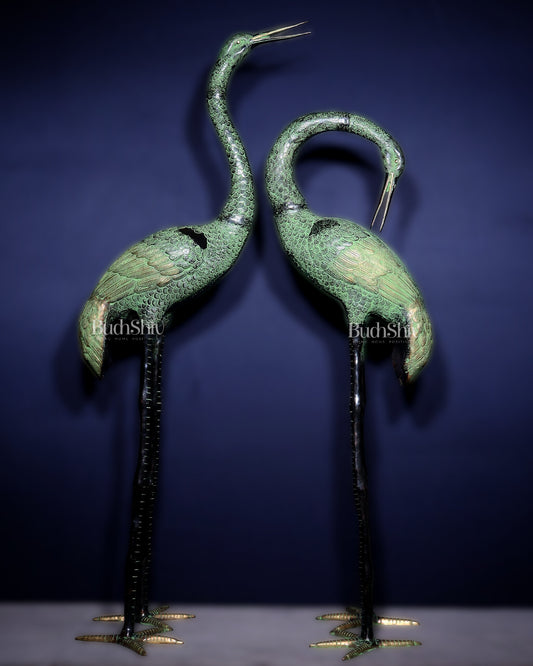 Brass Large Pair of birds Heron/Cranes Garden Statues – Antique Black & Green Patina 60"