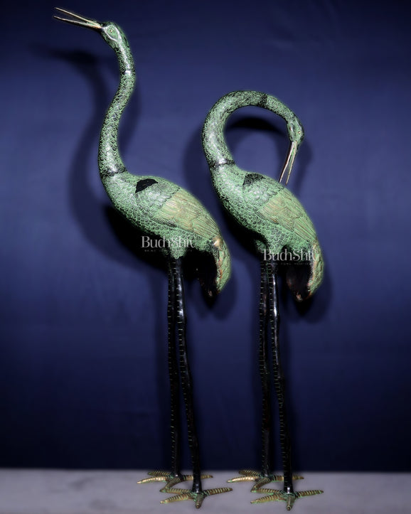Brass Large Pair of birds Heron/Cranes Garden Statues – Antique Black & Green Patina 60"