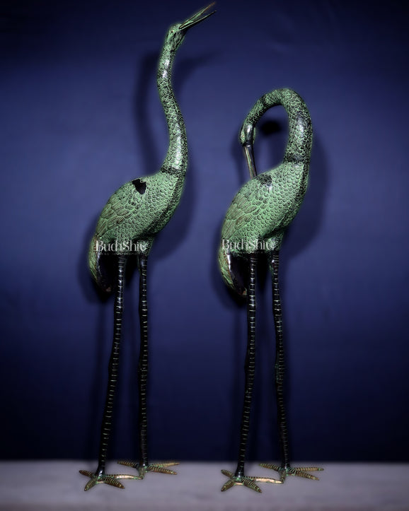 Brass Large Pair of birds Heron/Cranes Garden Statues – Antique Black & Green Patina 60"