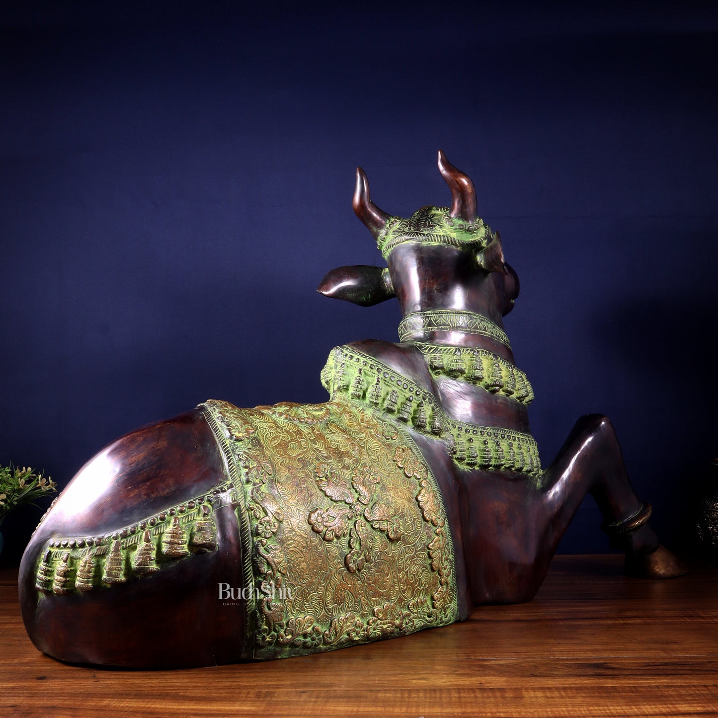 Brass Antique Large Nandi Sculpture | BudhShiv 33" copper and green