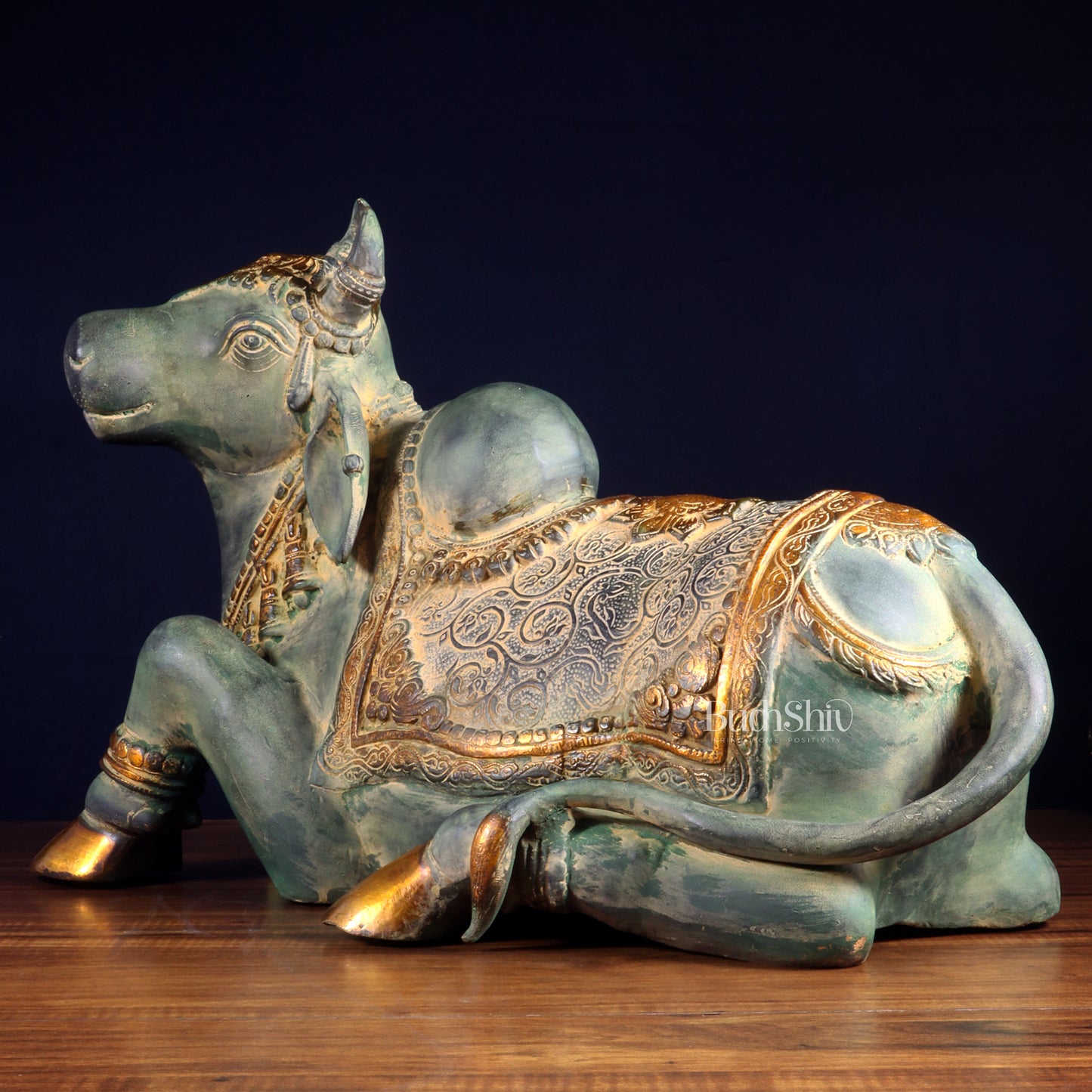 Exquisite Handcrafted Brass Nandi Idol – Vintage Green Patina 21"