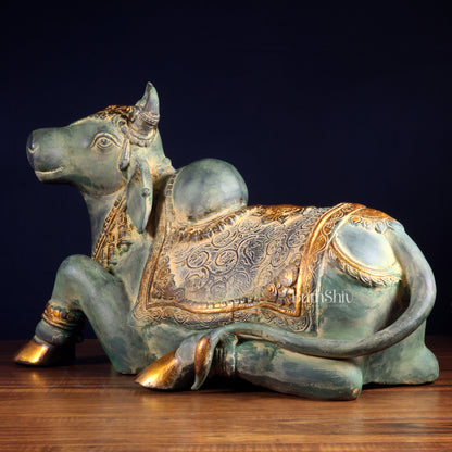 Exquisite Handcrafted Brass Nandi Idol – Vintage Green Patina 21"