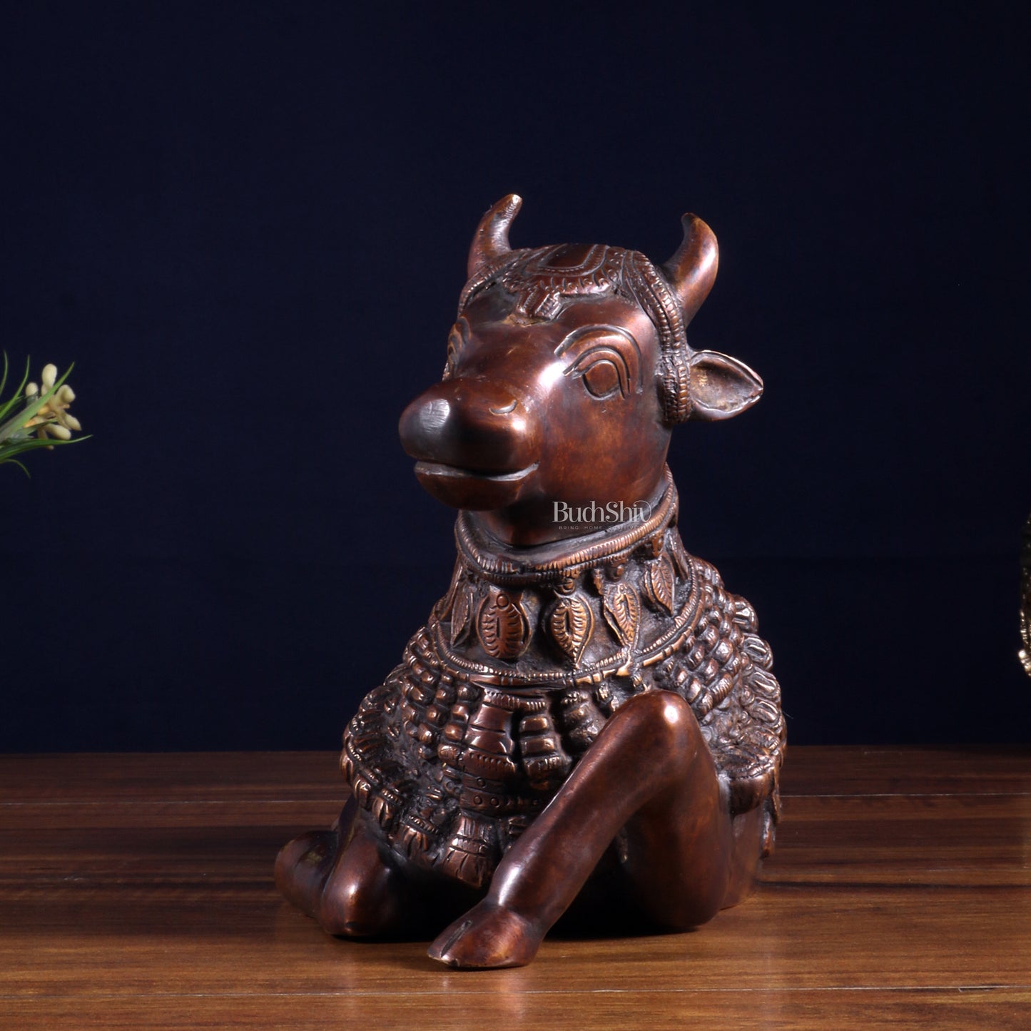 Pure Brass Engraved Nandi Statue – 10" Dark brown