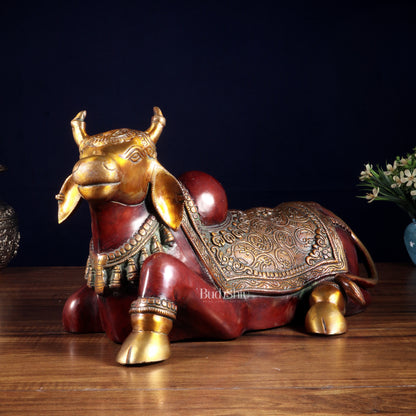 Brass Nandi Statue Hoysala red tone - 15 inch