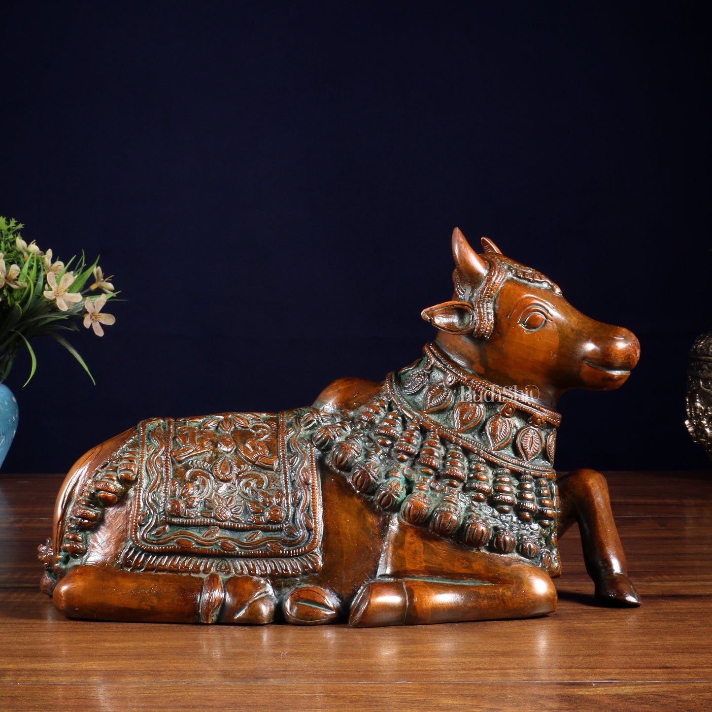 Pure Brass Engraved Nandi Statue – 10" Rustic brown