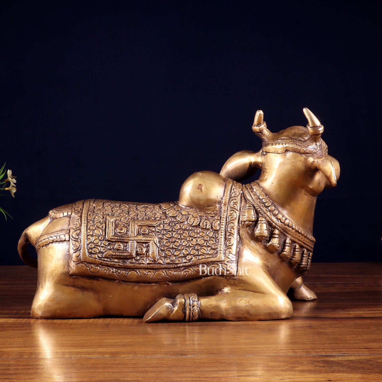 Handcrafted Brass Nandi Statue - 13.5 inch burnt brass tone