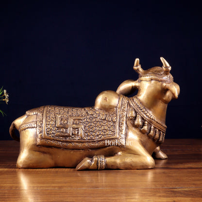 Handcrafted Brass Nandi Statue - 13.5 inch burnt brass tone
