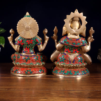 Pure Brass Ganesh Lakshmi Idol Pair – Intricate Floral Stonework 9.5 inch