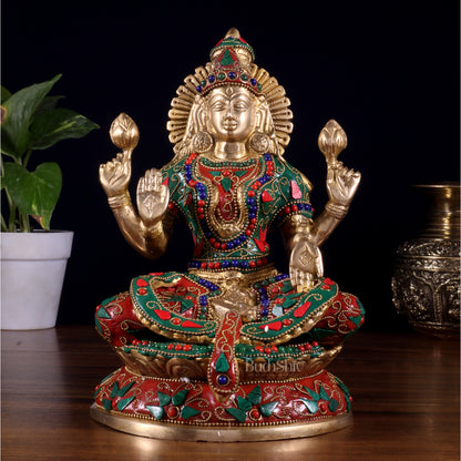 Pure Brass Goddess Lakshmi Idol – Intricate Floral Stonework 9 Inch