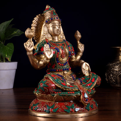 Pure Brass Goddess Lakshmi Idol – Intricate Floral Stonework 9 Inch