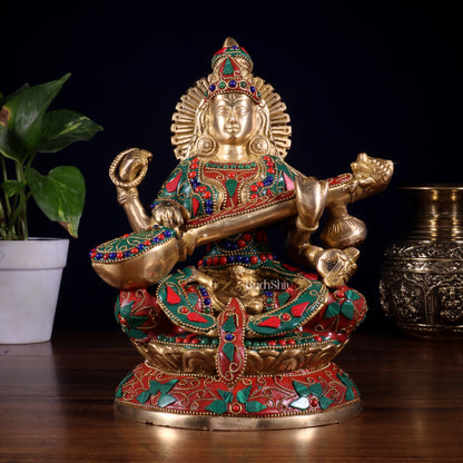 Pure Brass Goddess Saraswati Idol – Intricate Floral Stonework 9 Inch