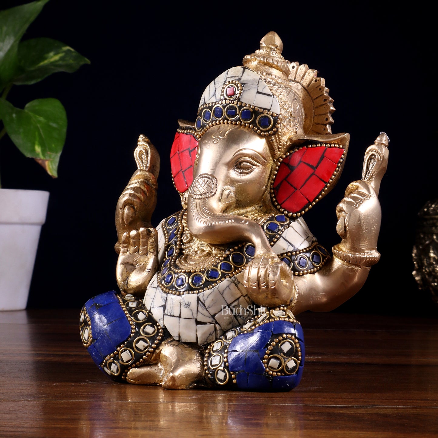 Ganesha Brass statue with stonework 6 inch