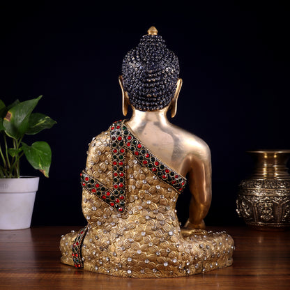 Pure Brass Bhumisparsha Buddha Statue with Nepalese Stonework – 10.5 Inch