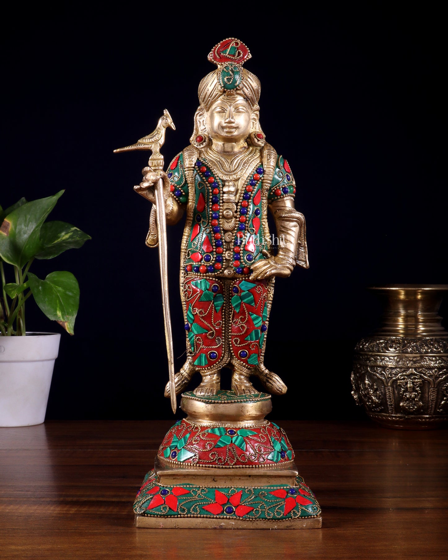 Pure Brass Palani Raja Alangaram Murugan Statue - 12" meenakari Stonework