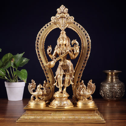 Pure Brass Standing Goddess Saraswati Idol with Swans | 15”