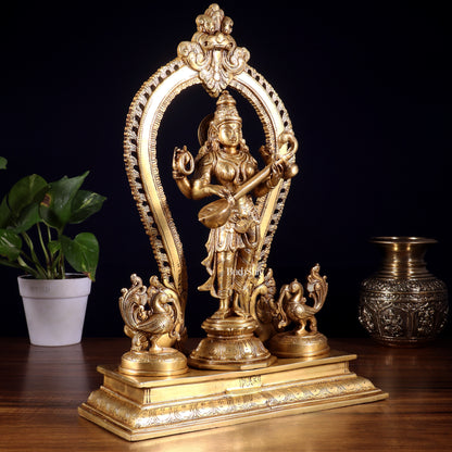 Pure Brass Standing Goddess Saraswati Idol with Swans | 15”