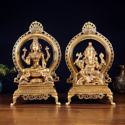 Pure Brass Seated Ganesha Lakshmi Idol Pair | 13”