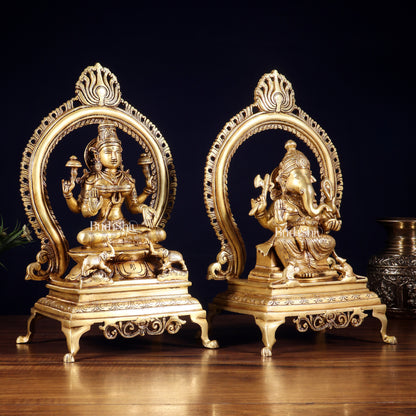 Pure Brass Seated Ganesha Lakshmi Idol Pair | 13”