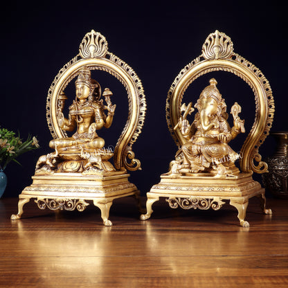 Pure Brass Seated Ganesha Lakshmi Idol Pair | 13”