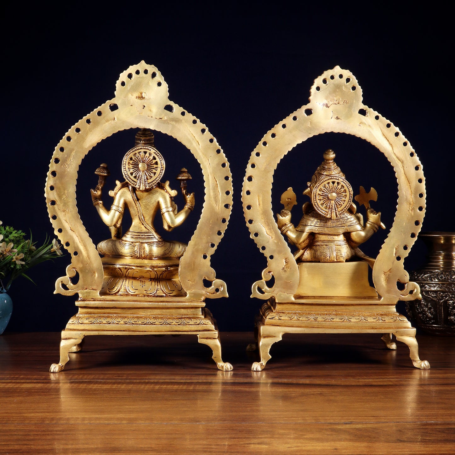 Pure Brass Seated Ganesha Lakshmi Idol Pair | 13”