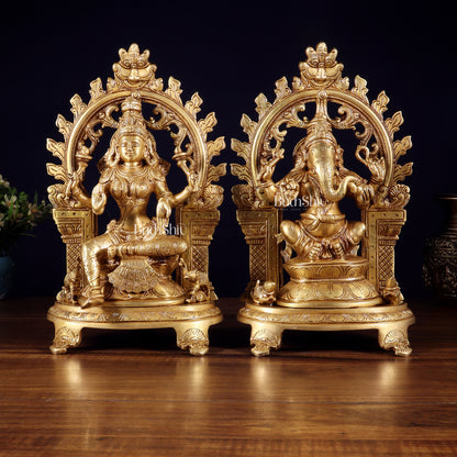 Pure Brass Lord Ganesha & Goddess Lakshmi Idol Pair with Prabhavali | 12 Inch