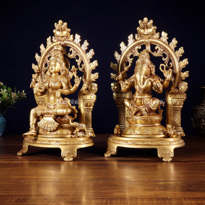 Pure Brass Lord Ganesha & Goddess Lakshmi Idol Pair with Prabhavali | 12 Inch