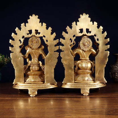 Pure Brass Lord Ganesha & Goddess Lakshmi Idol Pair with Prabhavali | 12 Inch