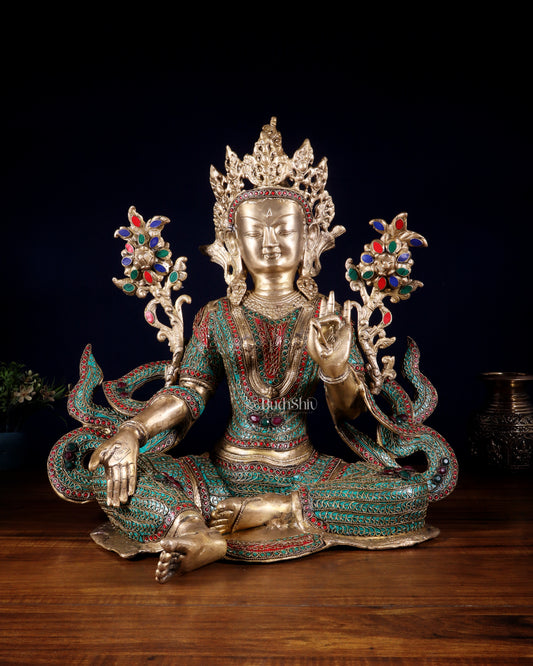 Large Brass Green Tara Statue with Nepalese Meenakari & Stonework | 18.5 Inch