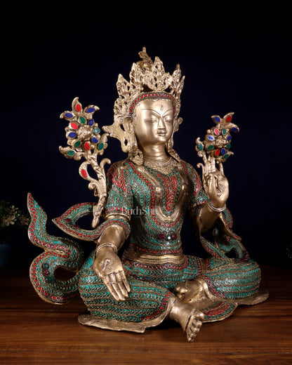 Large Brass Green Tara Statue with Nepalese Meenakari & Stonework | 18.5 Inch