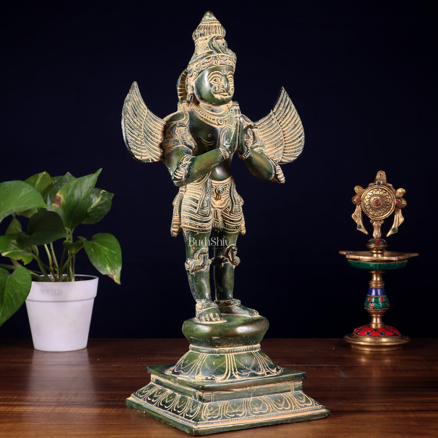 Pure Brass Vintage Standing Garuda Dev Statue – Green Patina Finish | 15.5 Inch
