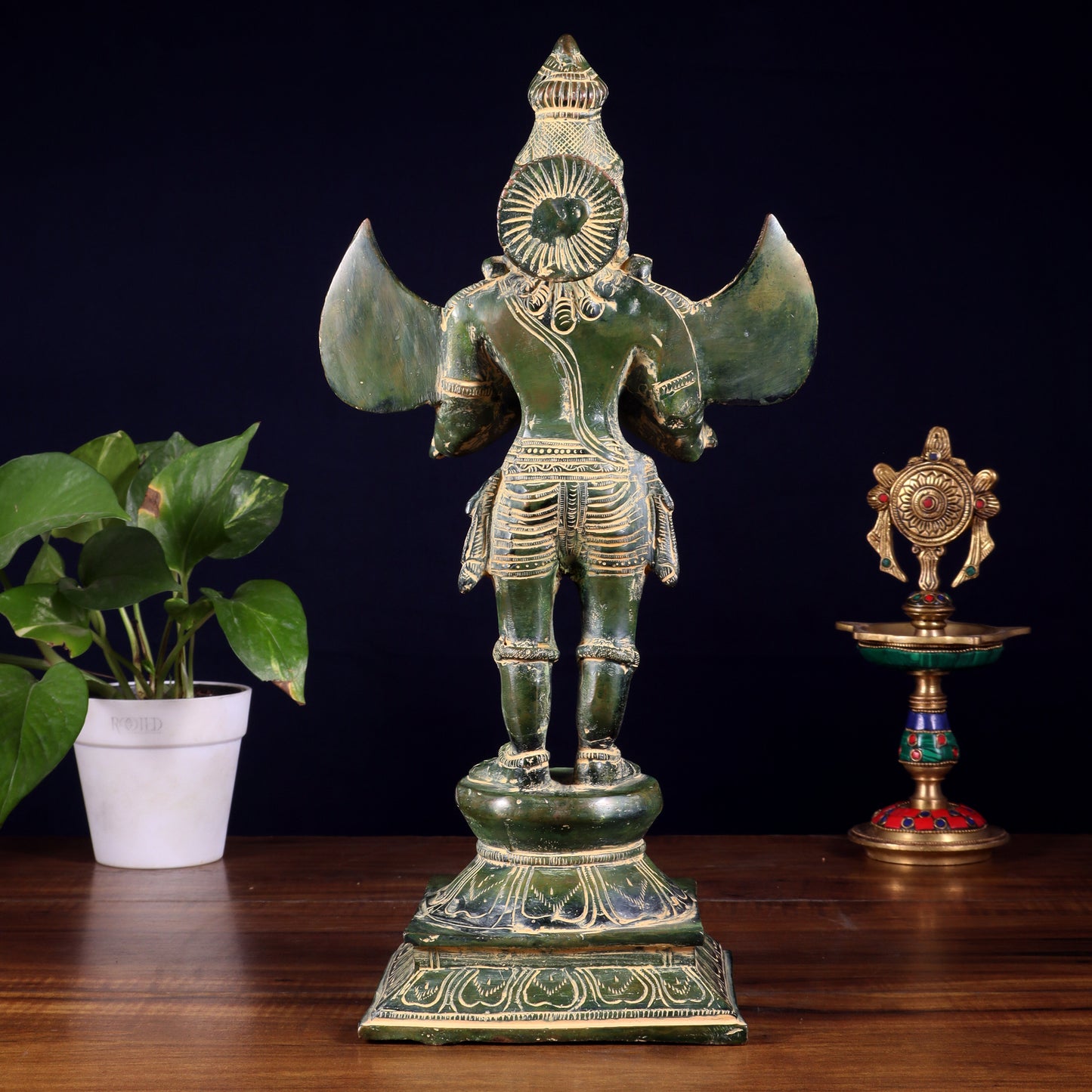 Pure Brass Vintage Standing Garuda Dev Statue – Green Patina Finish | 15.5 Inch