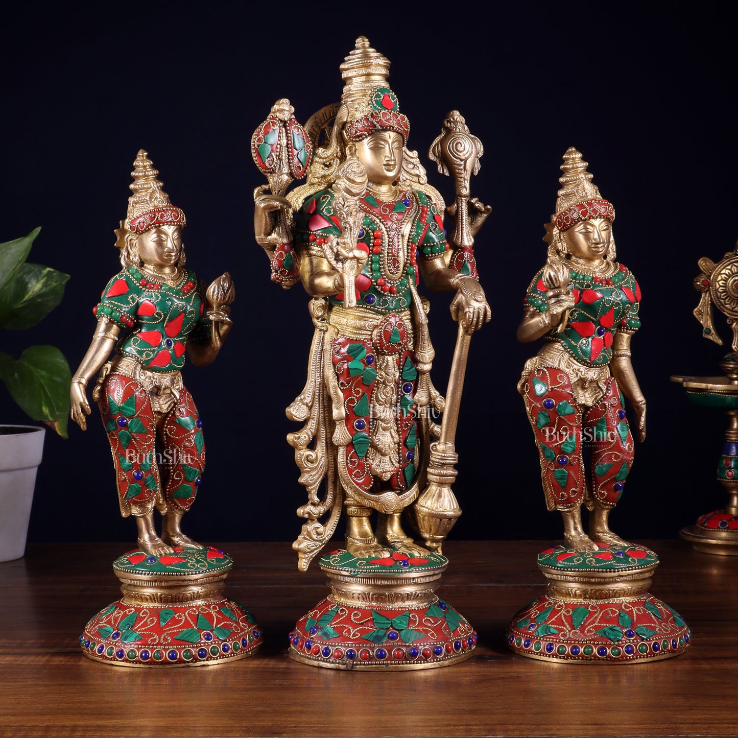 Brass Lord Vishnu with Bhudevi and Sridevi Statues – meenakari Stonework, 13"