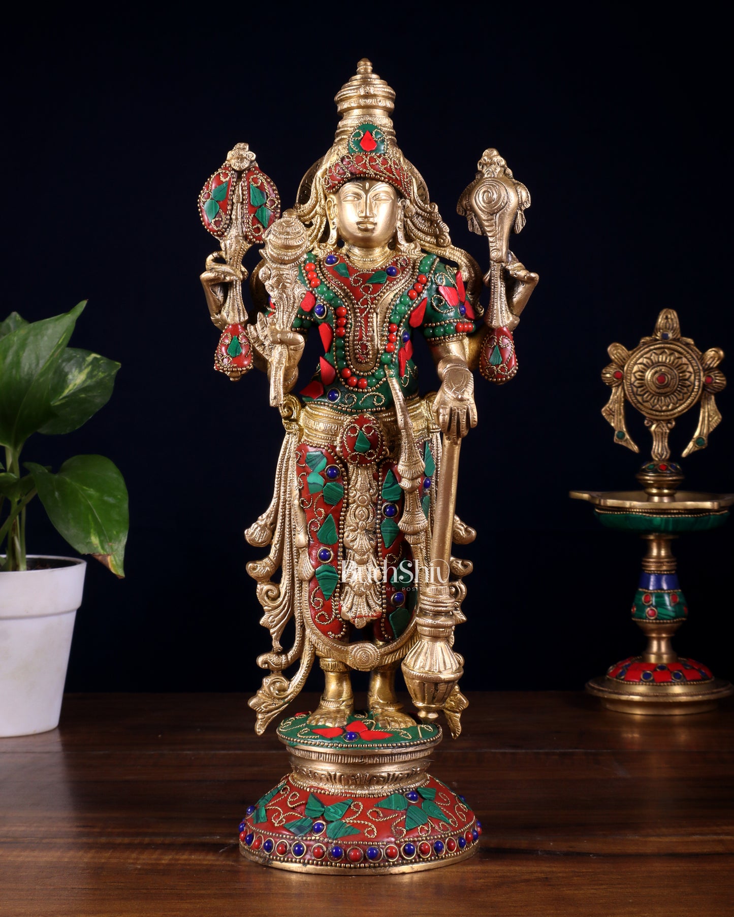 Pure Brass Standing Vishnu Statue with Meenakari Stonework – 12 Inch
