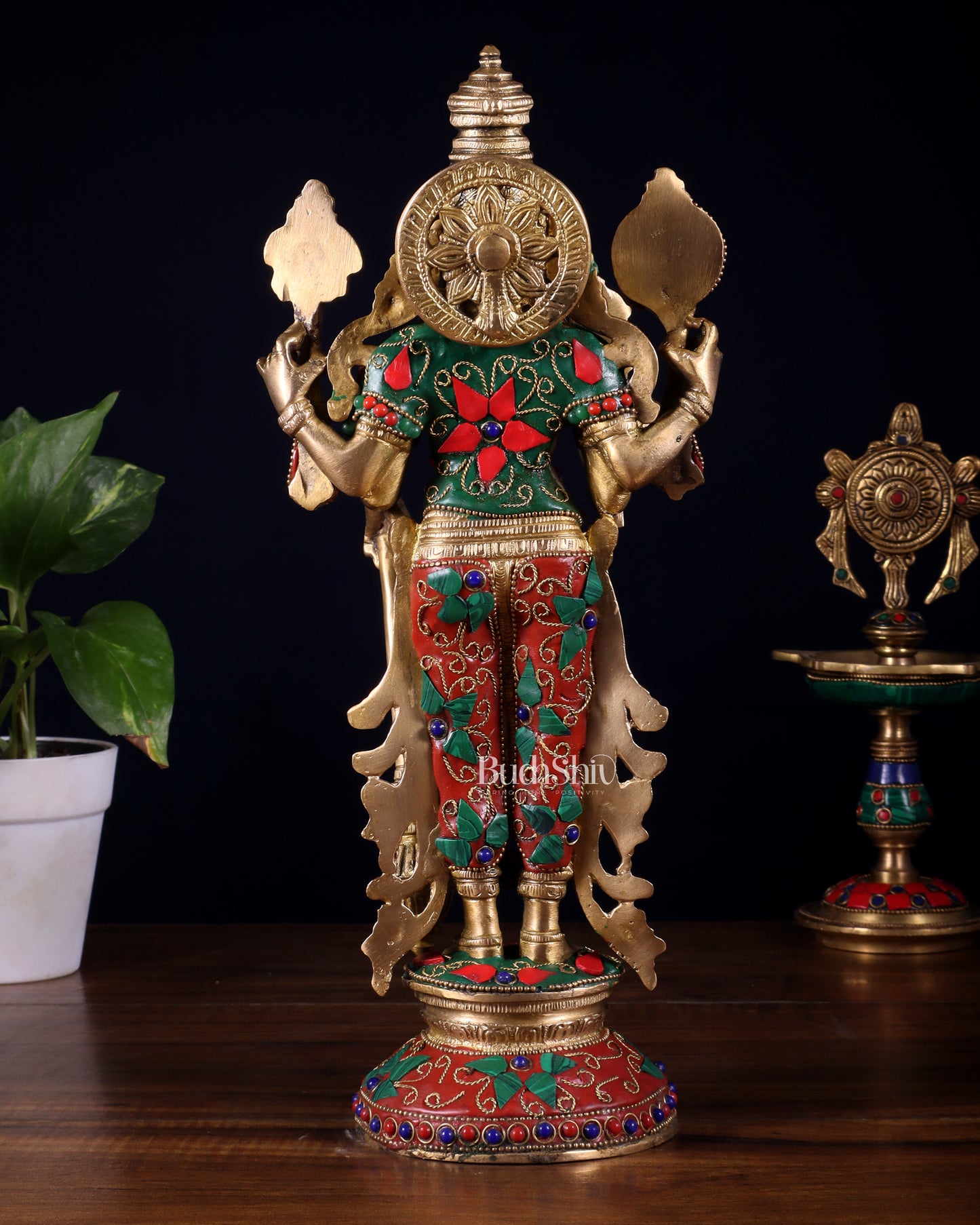 Pure Brass Standing Vishnu Statue with Meenakari Stonework – 12 Inch