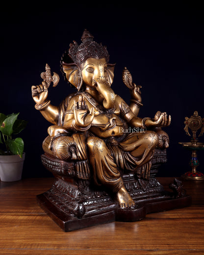 Ganesha Pure Brass Superfine statue with enhanced carvings  - 18" dual toned