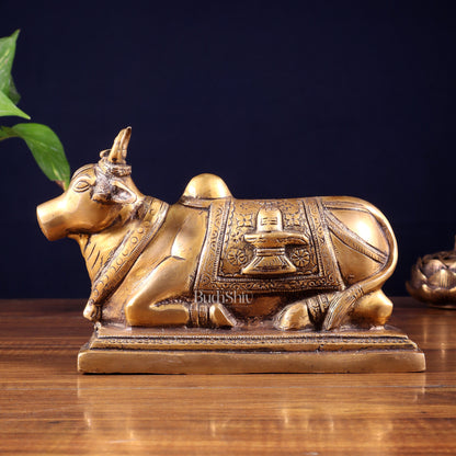 Pure Brass Nandi Statue with Shiva Lingam & Vasuki Carvings – Antique Burnt Brass Finish 8.2"