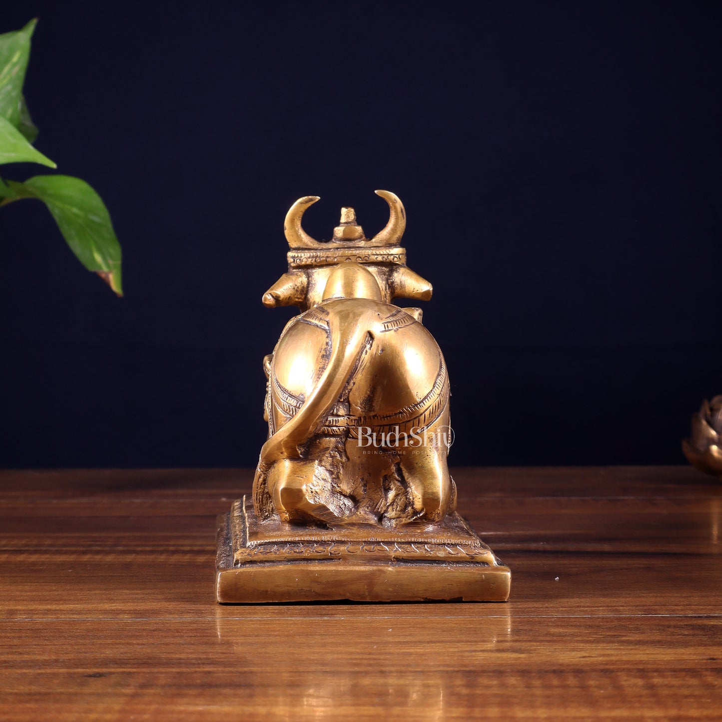 Pure Brass Nandi Statue with Shiva Lingam & Vasuki Carvings – Antique Burnt Brass Finish 8.2"