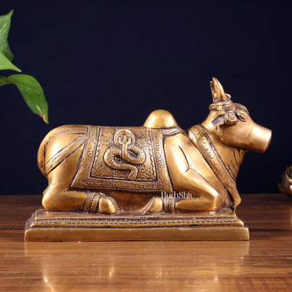 Pure Brass Nandi Statue with Shiva Lingam & Vasuki Carvings – Antique Burnt Brass Finish 8.2"
