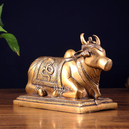 Pure Brass Nandi Statue with Shiva Lingam & Vasuki Carvings – Antique Burnt Brass Finish 8.2"