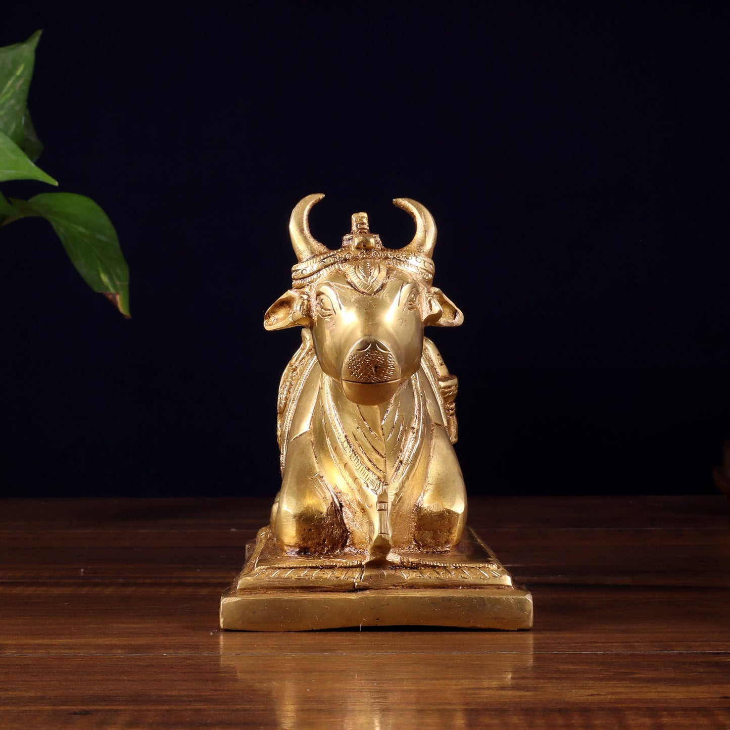 Pure Brass Nandi Statue with Shiva Lingam & Vasuki Carvings – Butter Gold Tone 8.2"