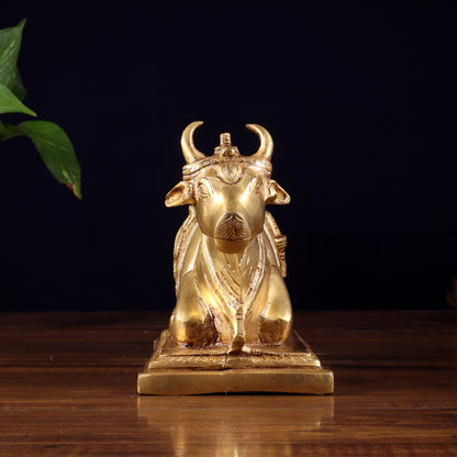Pure Brass Nandi Statue with Shiva Lingam & Vasuki Carvings – Butter Gold Tone 8.2"