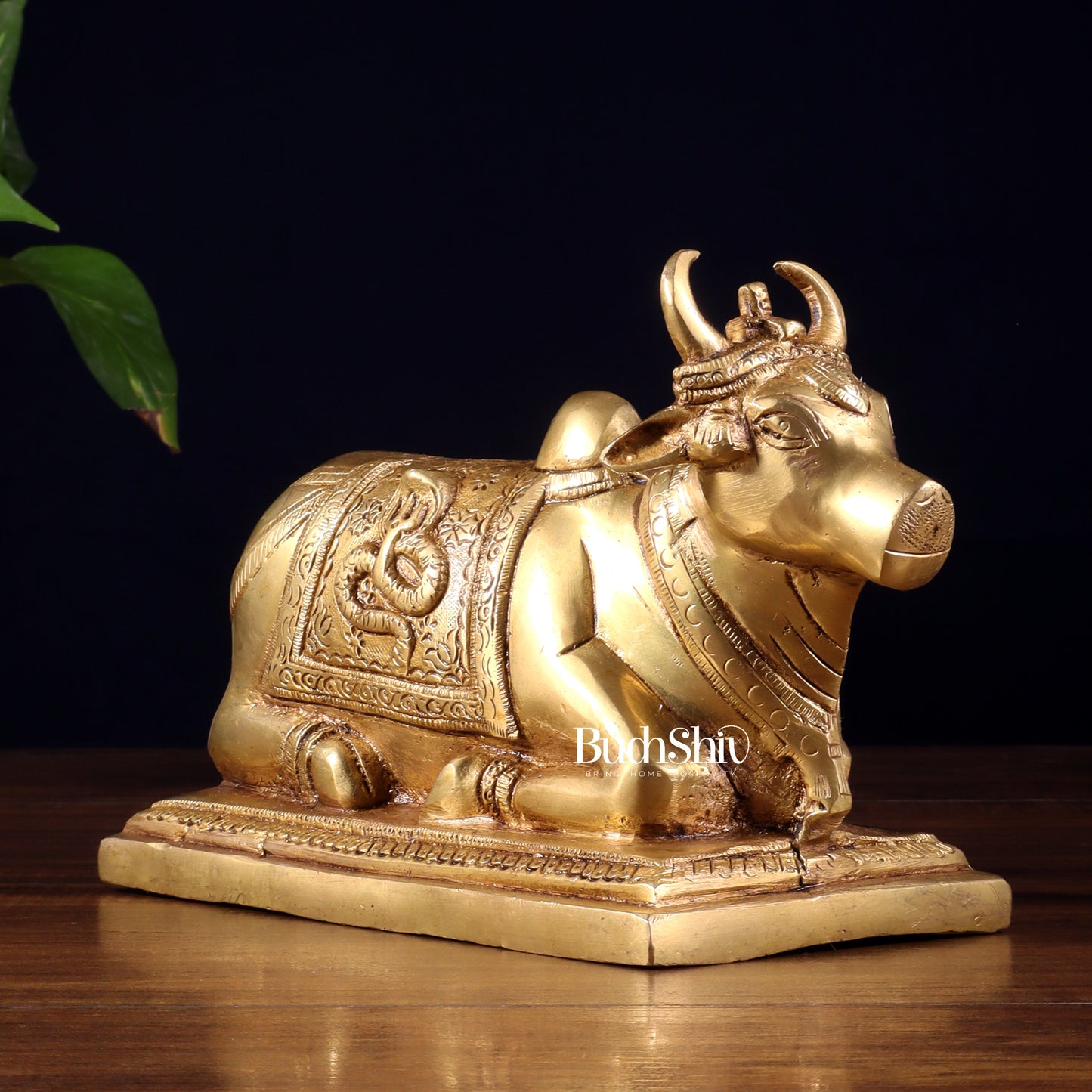 Pure Brass Nandi Statue with Shiva Lingam & Vasuki Carvings – Butter Gold Tone 8.2"