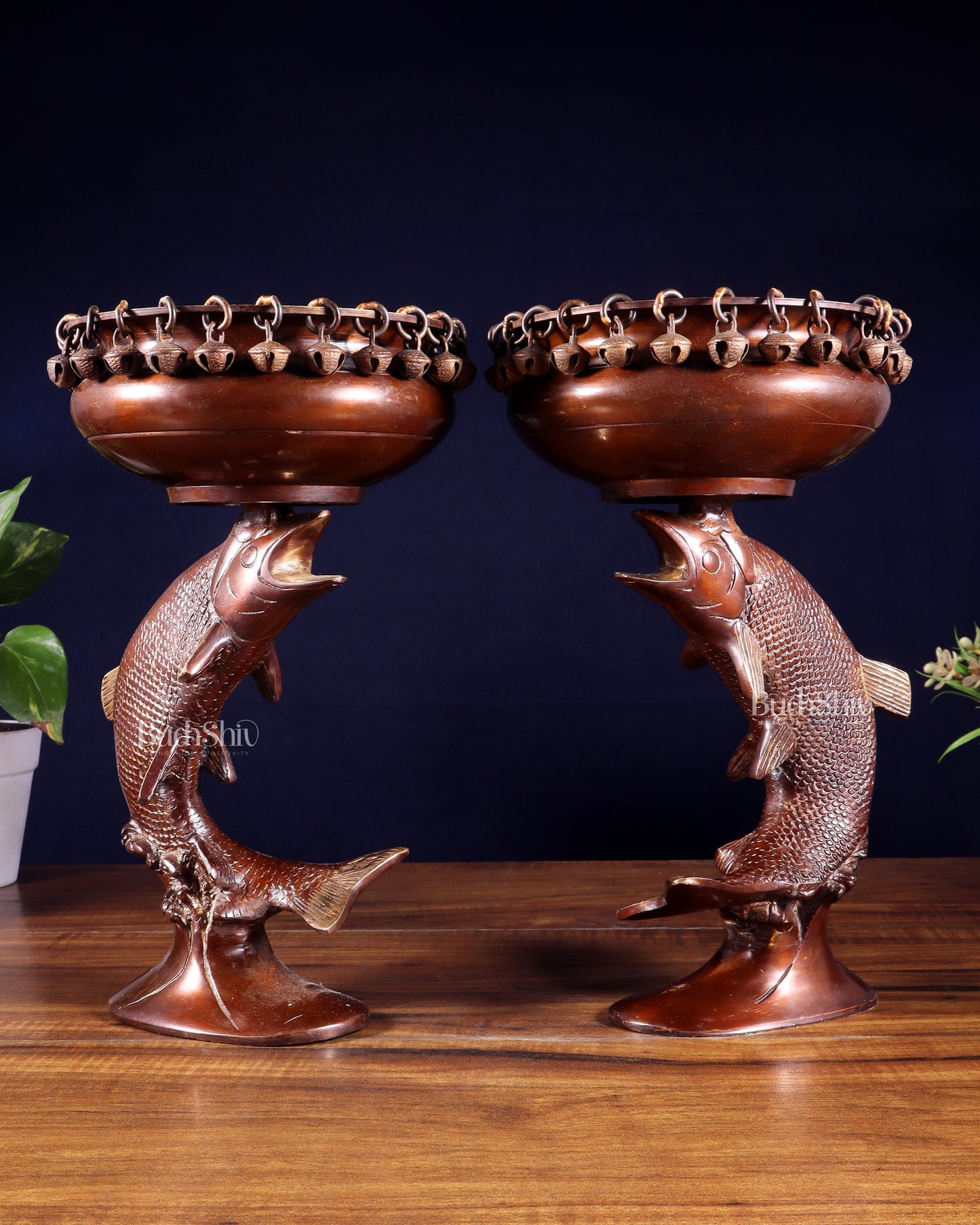 Pair of Designer Brass Jumping Dolphin Urli Bowls with Ghungroos | Festive Décor & Auspicious Gifting