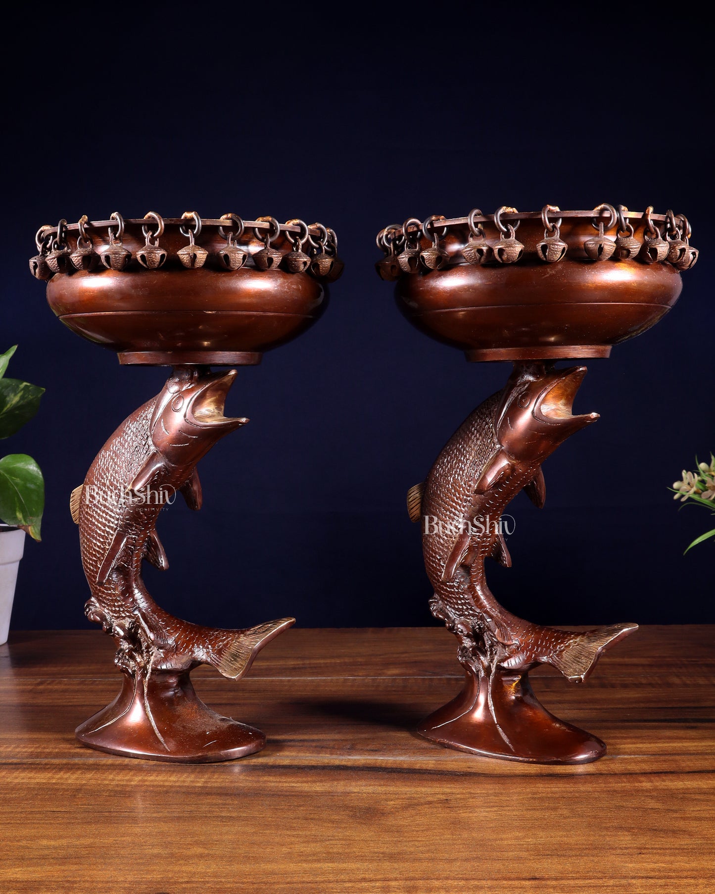 Pair of Designer Brass Jumping Dolphin Urli Bowls with Ghungroos | Festive Décor & Auspicious Gifting